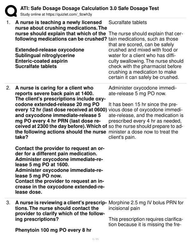 ATI: Safe Dosage Dosage Calculation 3.0 Safe Dosage Test