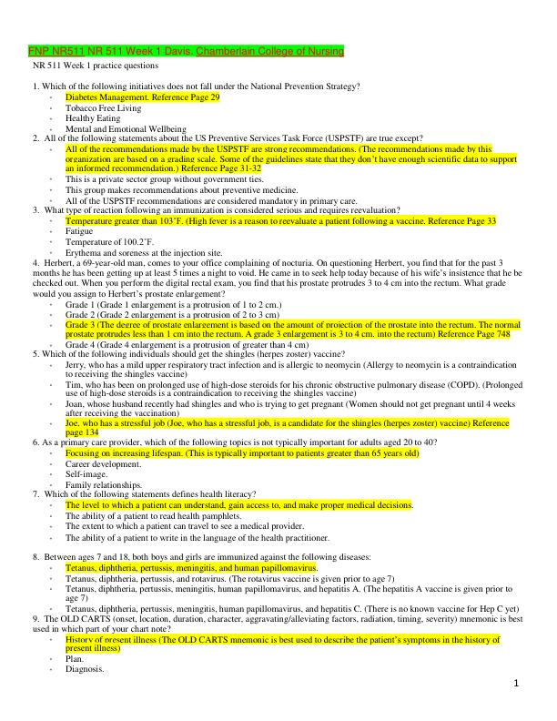 NR 511 Week 1 practice questions