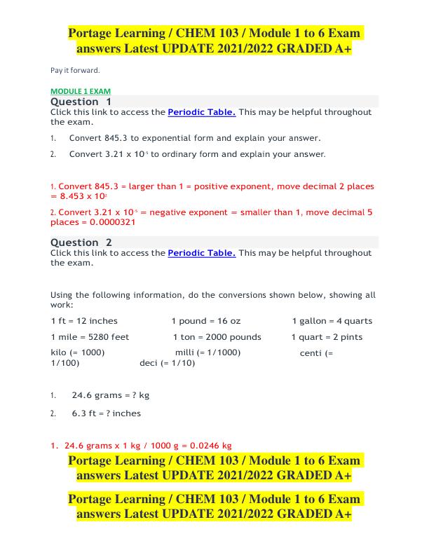 Portage Learning / CHEM 103 / Module 1 to 6 Exam  answers Latest UPDATE 2021/2022 GRADED A+