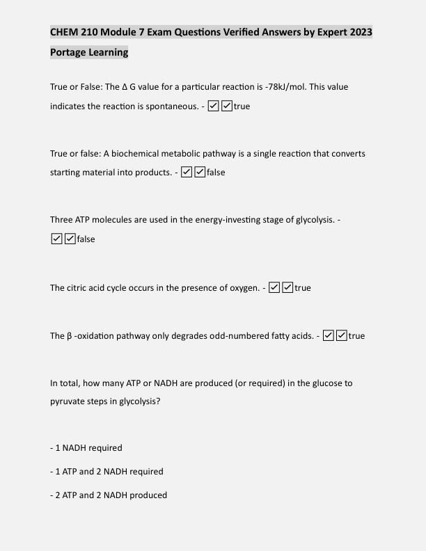 CHEM 210 Module 7 Exam Questions Verified Answers by Expert 2023  Portage Learning