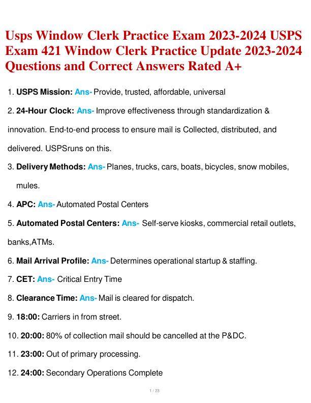 Usps Window Clerk Practice Exam 2023-2024 USPS  Exam 421 Window Clerk Practice Update 2023-2024  Questions and Correct Answers Rated A+