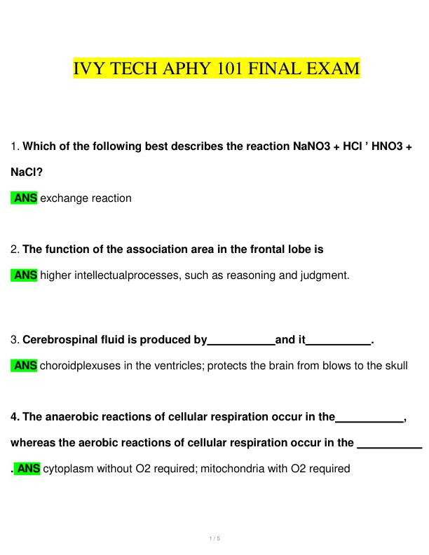 IVY TECH APHY 101 FINAL EXAM