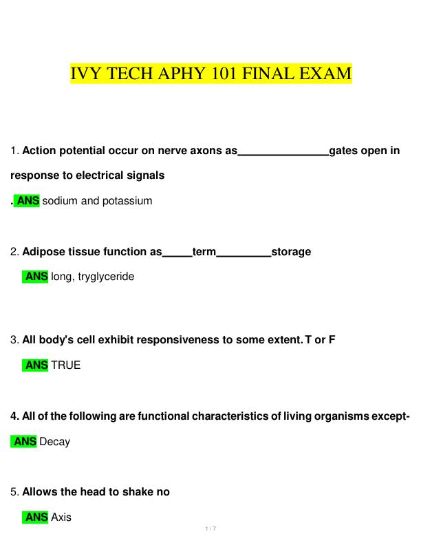 IVY TECH APHY 101 FINAL EXAM