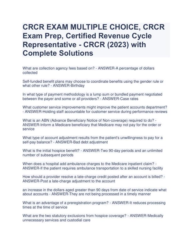 CRCR EXAM MULTIPLE CHOICE, CRCR  Exam Prep, Certified Revenue Cycle  Representative - CRCR (2023) with  Complete Solutions