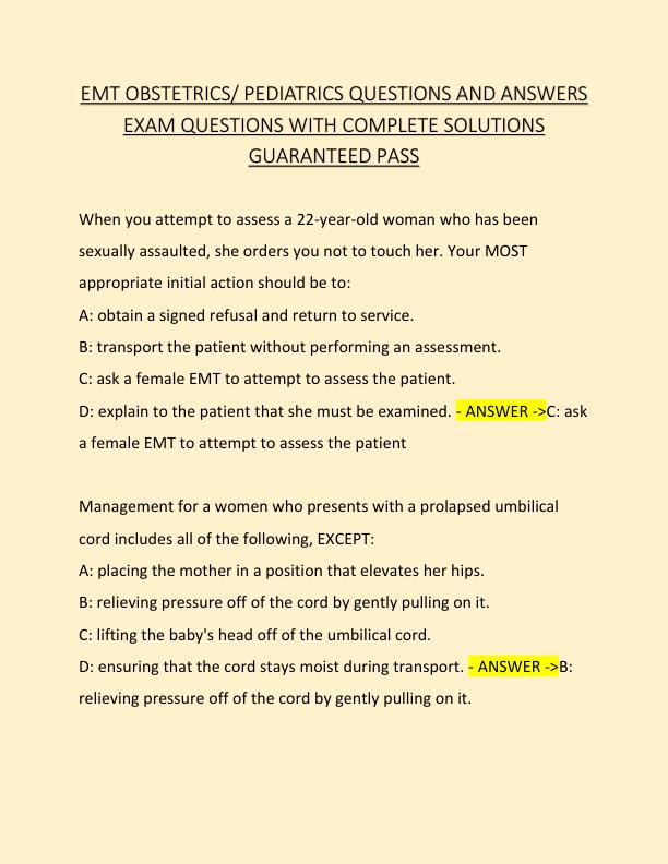 EMT OBSTETRICS PEDIATRICS QUESTIONS AND ANSWERS EXAM QUESTIONS WITH COMPLETE SOLUTIONS GUARANTEED PASS.pdf