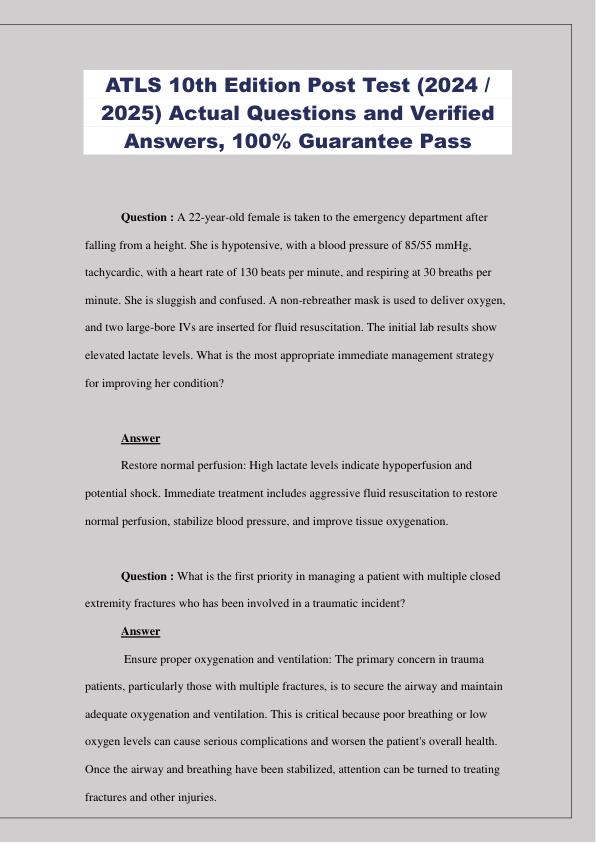 ATLS 10th Edition Post Test (2024 2025) Actual Questions and Verified Answers, 100% Guarantee Pass.pdf