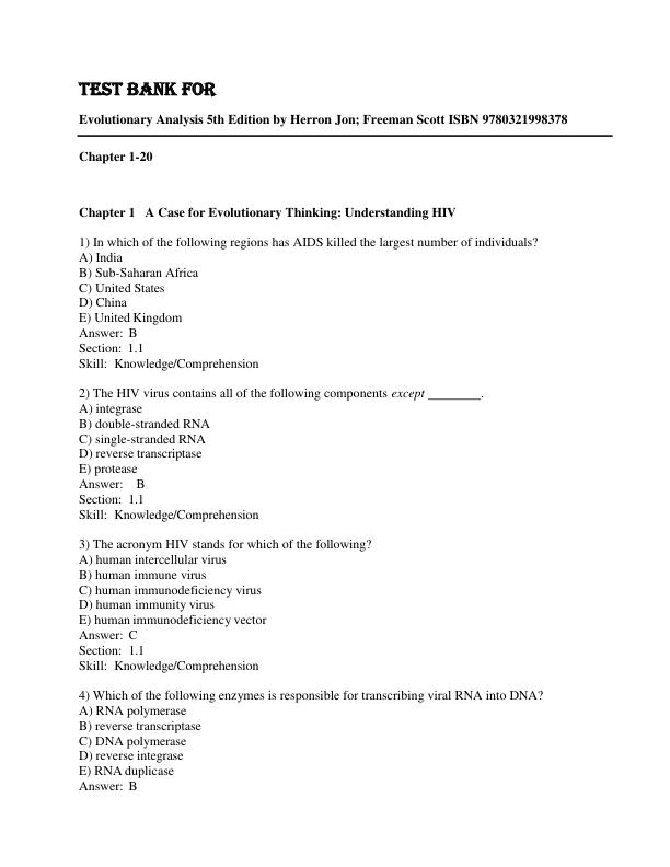 Test Bank for Evolutionary Analysis 5th Edition by Herron Jon; Freeman Scott.pdf