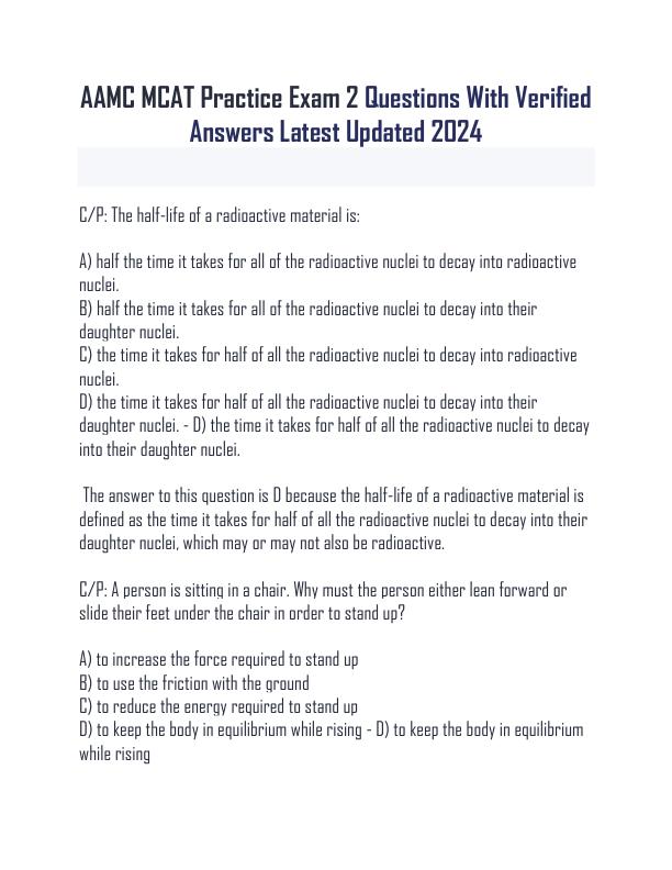 AAMC MCAT Practice Exam 2 Questions With Verified Answers Latest Updated 2024