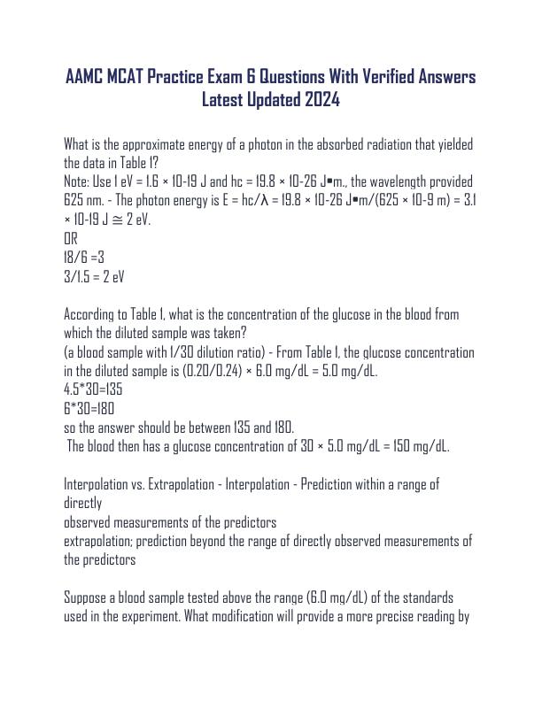 AAMC MCAT Practice Exam 6 Questions With Verified Answers Latest Updated 2024