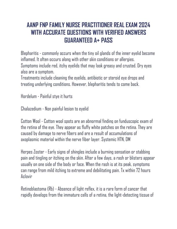AANP FNP FAMILY NURSE PRACTITIONER REAL EXAM 2024 WITH ACCURATE QUESTIONS WITH VERIFIED ANSWERS GUARANTEED A+ PASS