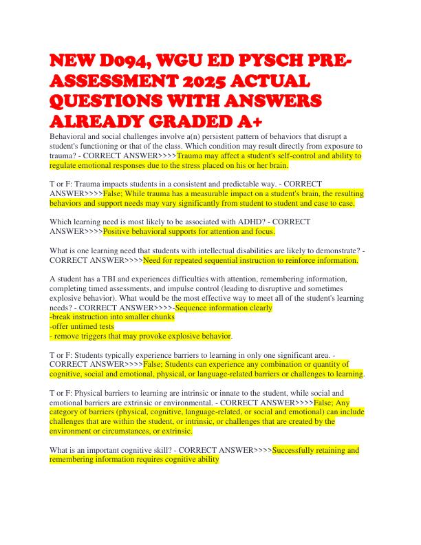 NEW D094, WGU ED PYSCH PRE-ASSESSMENT 2025 ACTUAL QUESTIONS WITH ANSWERS ALREADY GRADED A+ 