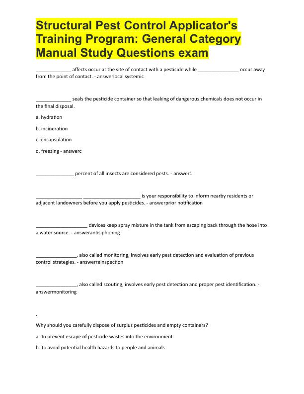 Structural Pest Control Applicator's Training Program: General Category Manual Study Questions exam