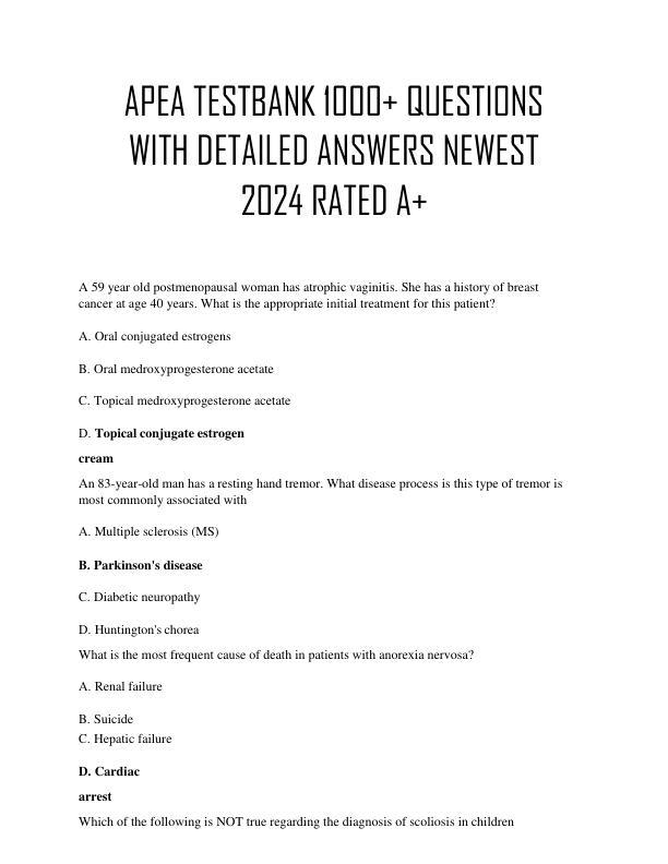 APEA TESTBANK 1000+ QUESTIONS WITH DETAILED ANSWERS NEWEST 2024 RATED A+