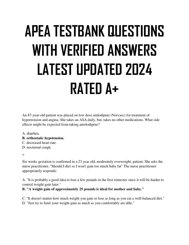 APEA TESTBANK QUESTIONS WITH VERIFIED ANSWERS LATEST UPDATED 2024 RATED A+