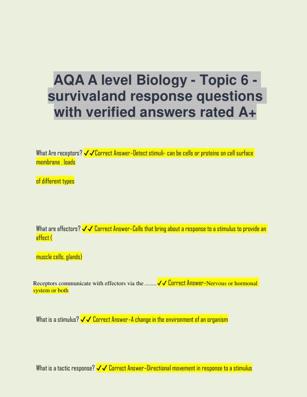 AQA A level Biology - Topic 6 - survival and response questions with verified answers rated A+