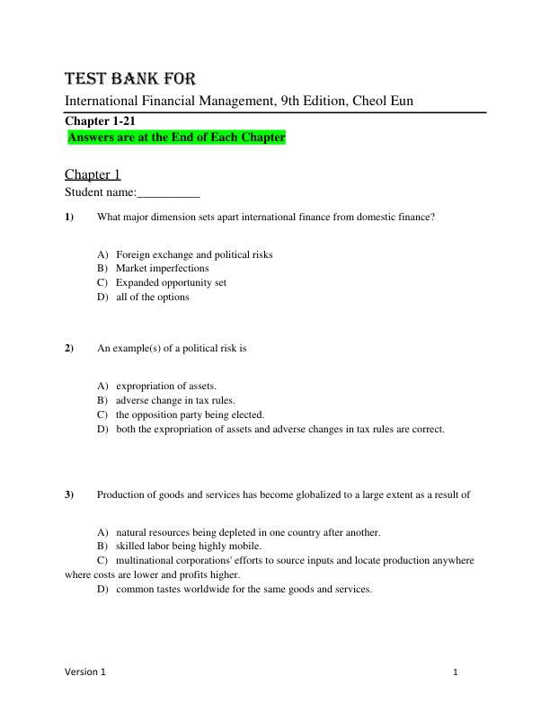 Test Bank For International Financial Management, 9th Edition, by Cheol Eun Chapter 1-21.pdf