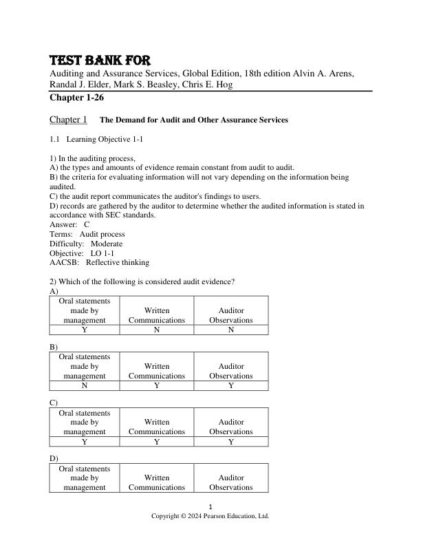 Test Bank for Auditing and Assurance Services, Global Edition, 18th Edition by Alvin A. Arens, Randal J. Elder, Mark S. Beasley, Chris E. Hogan.pdf