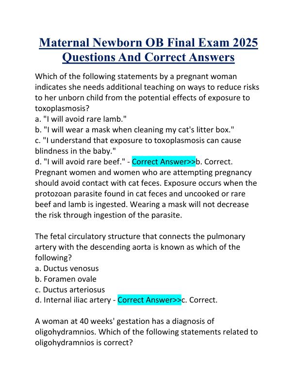 Maternal Newborn OB Final Exam 2025 Questions And Correct Answers.pdf