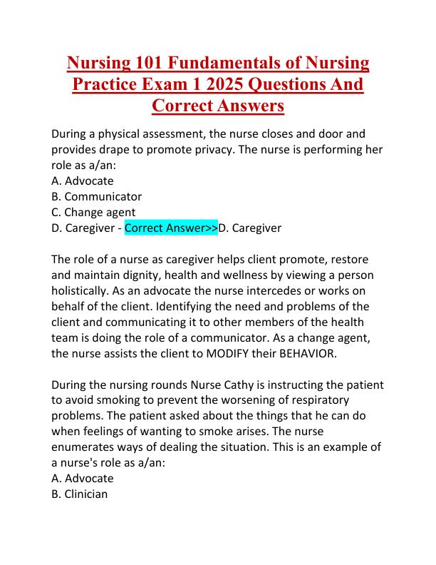 Nursing 101 Fundamentals of Nursing Practice Exam 1 2025 Questions And Correct Answers.pdf