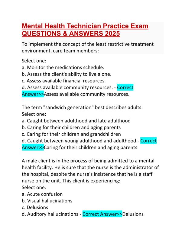 Mental Health Technician Practice Exam QUESTIONS & ANSWERS 2025.pdf