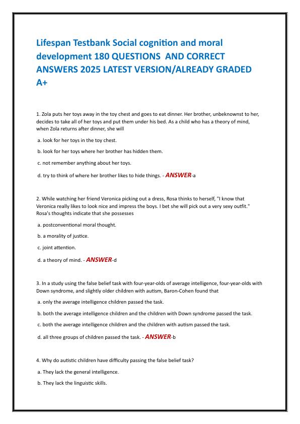 Lifespan Testbank Social cognition and moral development 180 QUESTIONS  AND CORRECT ANSWERS 2025 LATEST VERSION