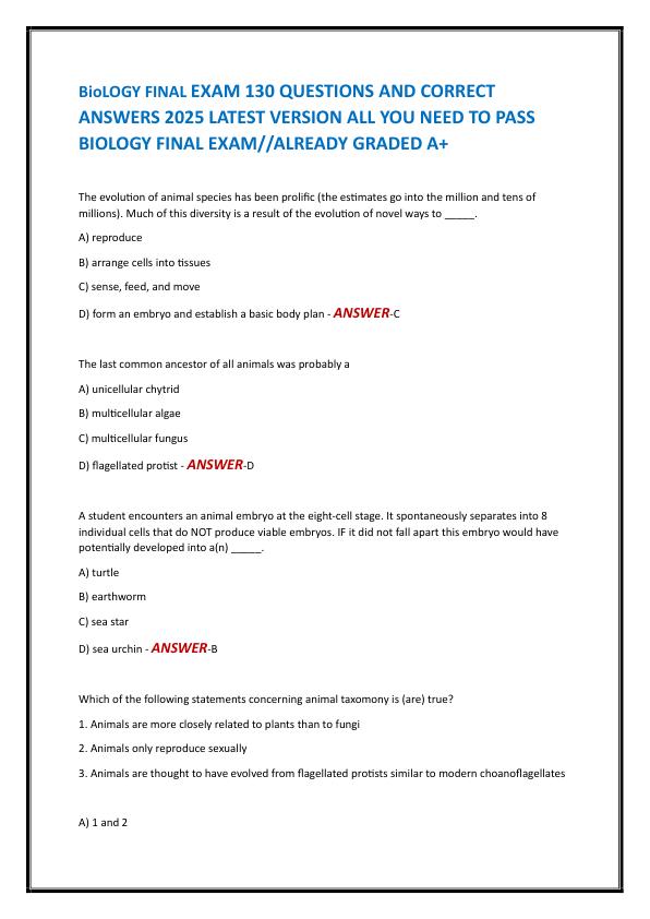 BioLOGY FINAL EXAM 130 QUESTIONS AND CORRECT ANSWERS 2025 LATEST VERSION ALL YOU NEED TO PASS BIOLOGY FINAL EXAM