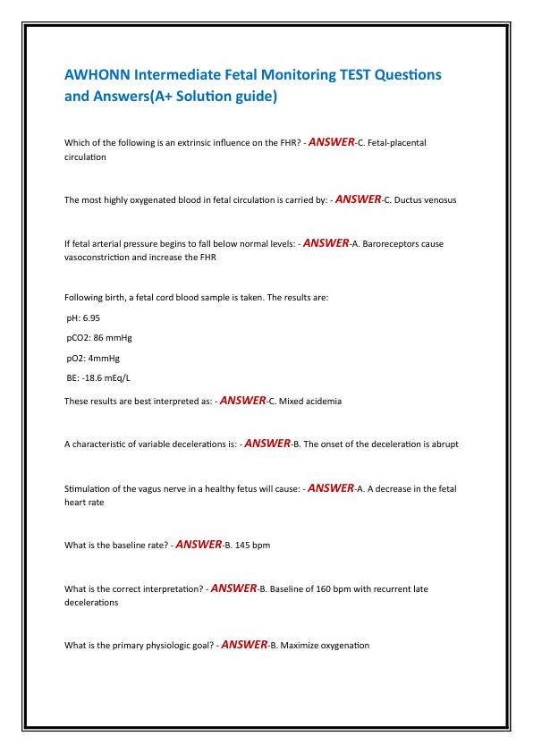 AWHONN Intermediate Fetal Monitoring TEST Questions and Answers