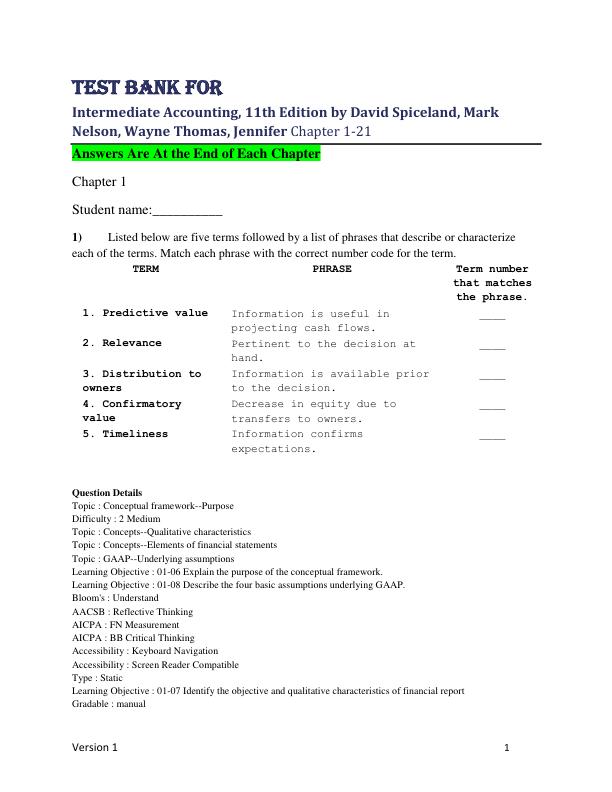 Test Bank For Intermediate Accounting, 11th Edition by David Spiceland, Mark Nelson, Wayne Thomas, Jennifer Chapter 1-21