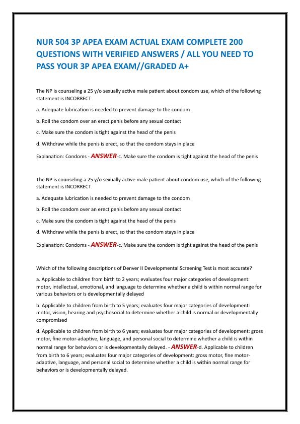 NUR 504 3P APEA EXAM ACTUAL EXAM COMPLETE 200 QUESTIONS WITH VERIFIED ANSWERS