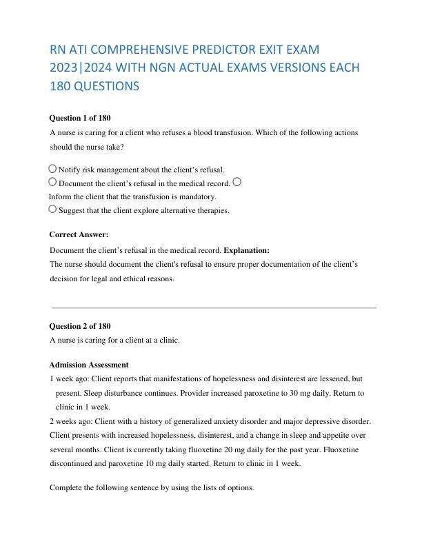 RN ATI COMPREHENSIVE PREDICTOR EXIT EXAM  2023|2024 WITH NGN ACTUAL EXAMS VERSIONS EACH  180 QUESTIONS