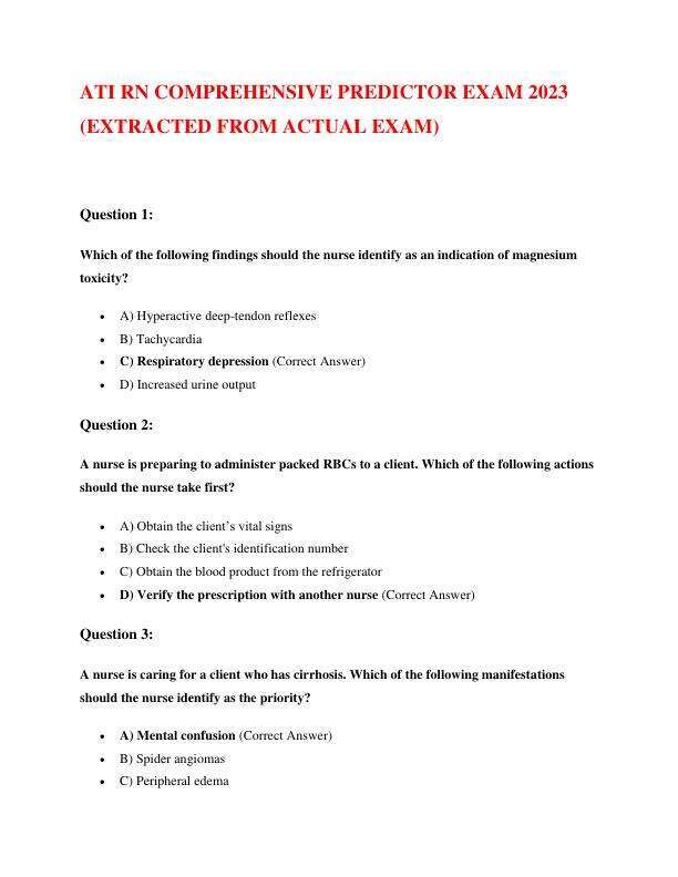 ATI RN COMPREHENSIVE PREDICTOR EXAM 2023  (EXTRACTED FROM ACTUAL EXAM)