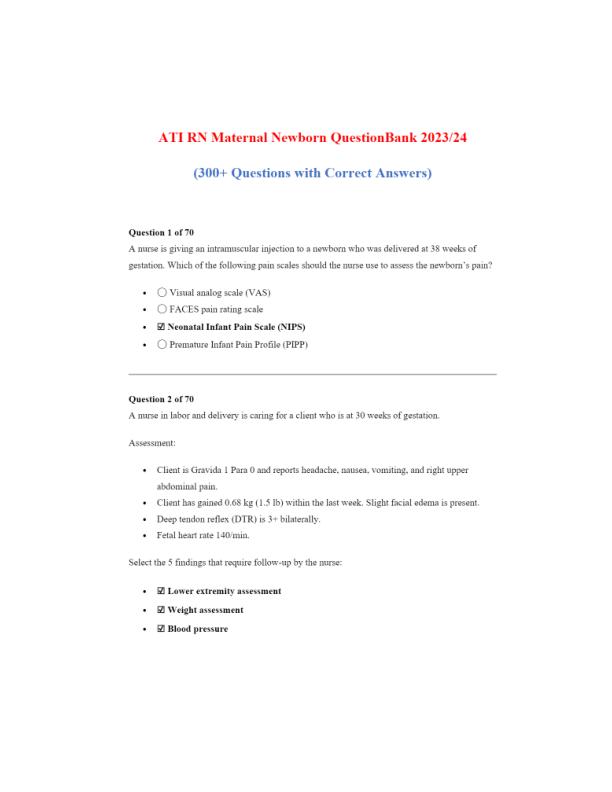 ATI RN MATERNAL NEWBORN QUESTIONBANK 2024