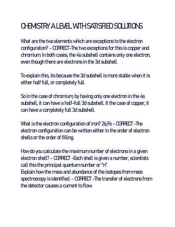 CHEMISTRY A LEVEL WITH SATISFIED SOLUTIONS