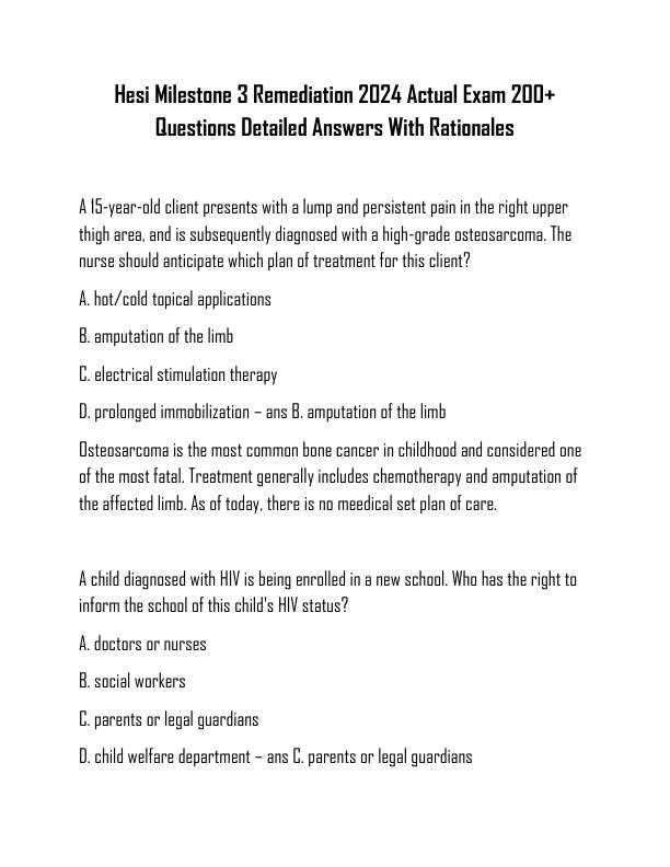 Hesi Milestone 3 Remediation 2024 Actual Exam 200+ Questions Detailed Answers With Rationales