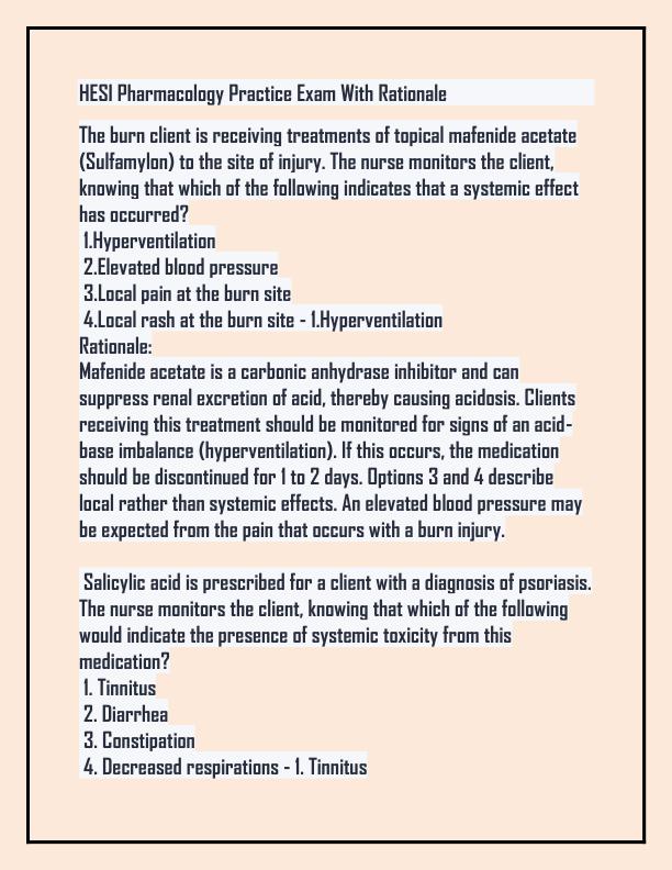 HESI Pharmacology Practice Exam With Rationale