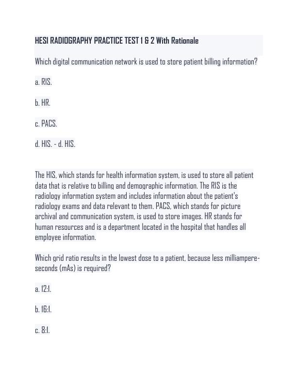 HESI RADIOGRAPHY PRACTICE TEST 1 & 2 With Rationale