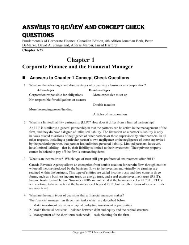 Answers to Review and Concept Check Questions  Fundamentals of Corporate Finance, Canadian Edition, 4th Edition by Jonathan Berk, Peter DeMarzo, David A. Stangeland, Andras Marosi, Jarrad..pdf