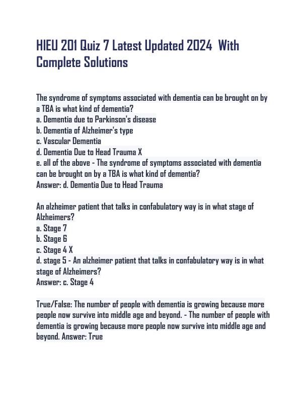 HIEU 201 Quiz 7 Latest Updated 2024  With Complete Solutions