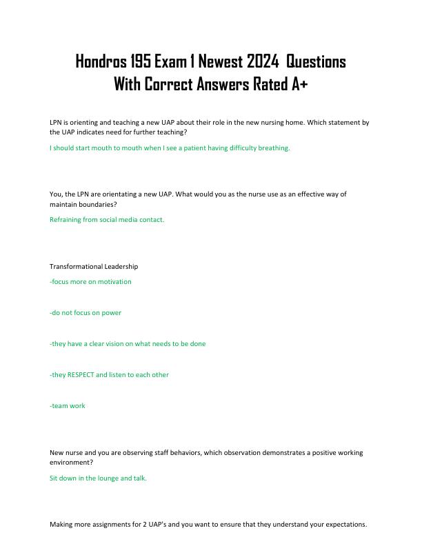 Hondros 195 Exam 1 Newest 2024  Questions With Correct Answers Rated A+