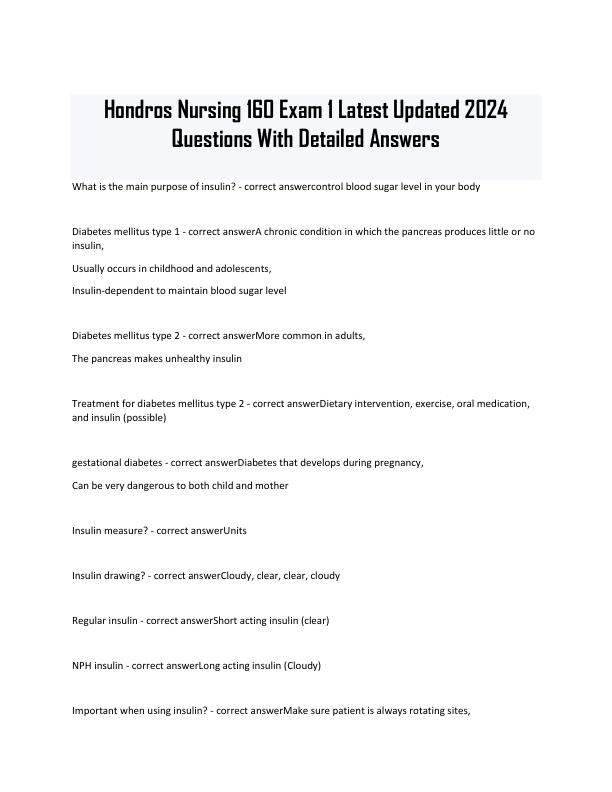 Hondros Nursing 160 Exam 1 Latest Updated 2024 Questions With Detailed Answers