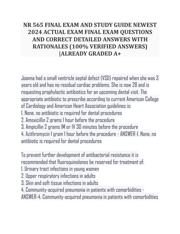 NR 565 FINAL EXAM AND STUDY GUIDE NEWEST 2024 ACTUAL EXAM FINAL EXAM QUESTIONS AND CORRECT DETAILED ANSWERS WITH RATIONALES (100% VERIFIED ANSWERS) ALREADY GRADED A+