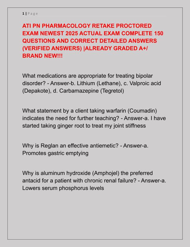 ATI PN PHARMACOLOGY RETAKE PROCTORED EXAM NEWEST 2025 ACTUAL EXAM COMPLETE 150 QUESTIONS AND CORRECT DETAILED ANSWERS