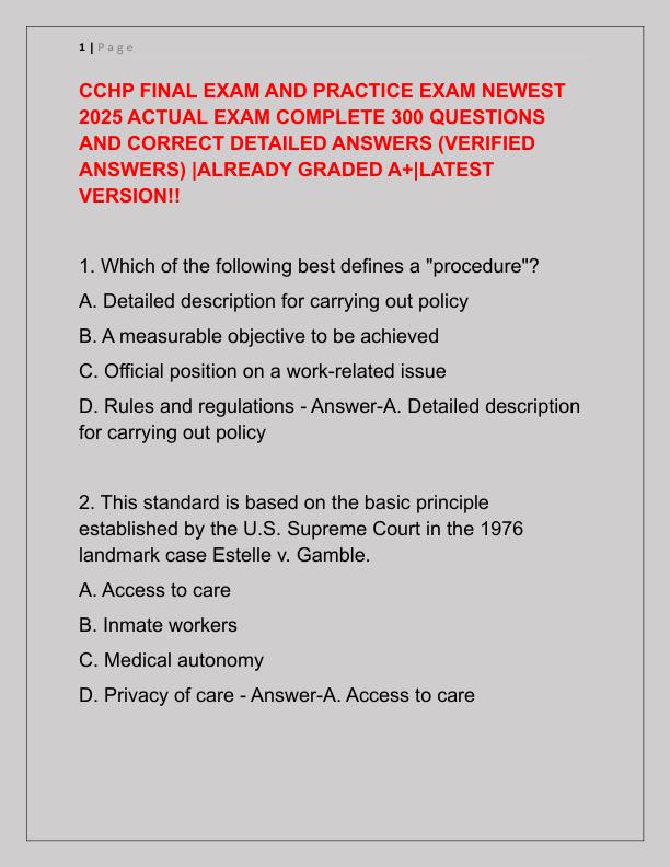 CCHP FINAL EXAM AND PRACTICE EXAM NEWEST 2025 ACTUAL EXAM COMPLETE 300 QUESTIONS AND CORRECT DETAILED ANSWERS