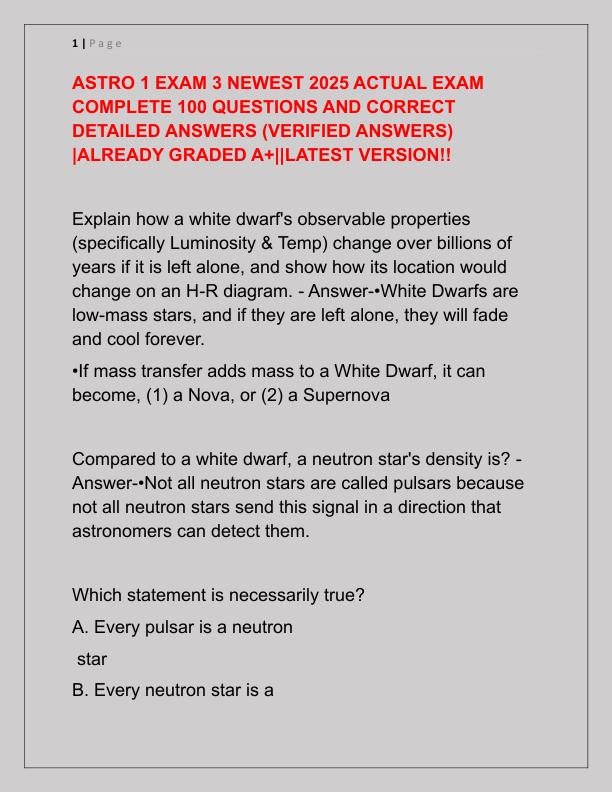 ASTRO 1 EXAM 3 NEWEST 2025 ACTUAL EXAM COMPLETE 100 QUESTIONS AND CORRECT DETAILED ANSWERS