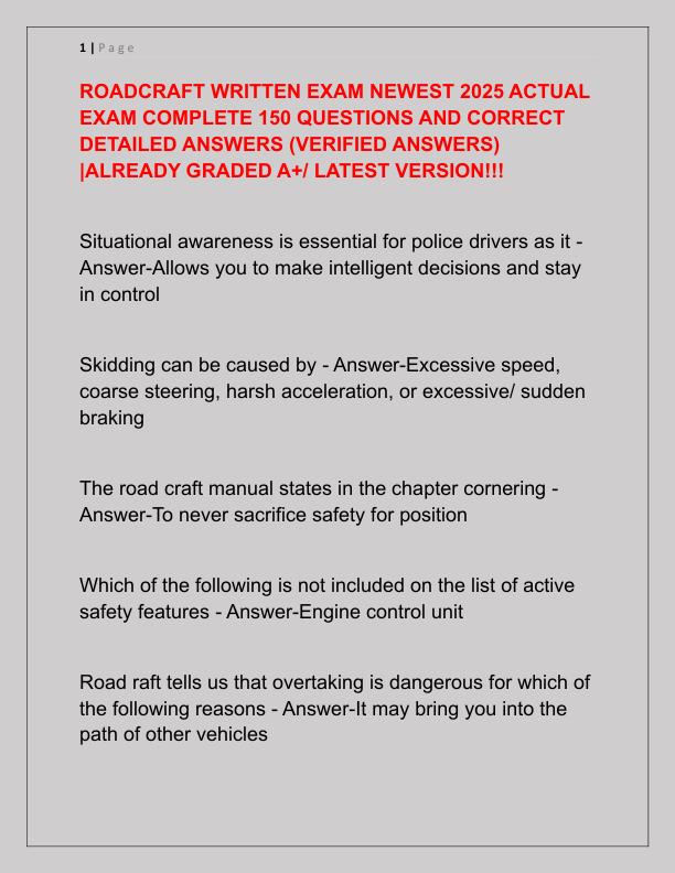 ROADCRAFT WRITTEN EXAM NEWEST 2025 ACTUAL EXAM COMPLETE 150 QUESTIONS AND CORRECT DETAILED ANSWERS