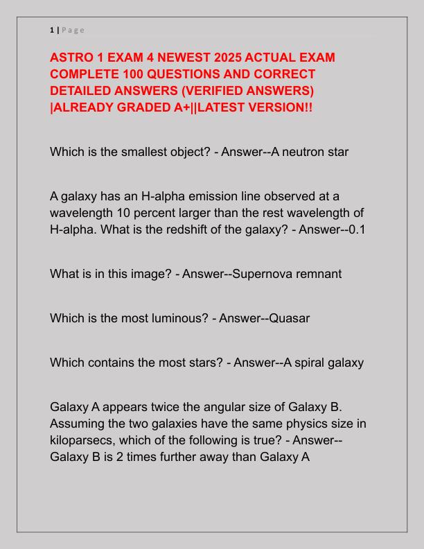 ASTRO 1 EXAM 4 NEWEST 2025 ACTUAL EXAM COMPLETE 100 QUESTIONS AND CORRECT DETAILED ANSWERS