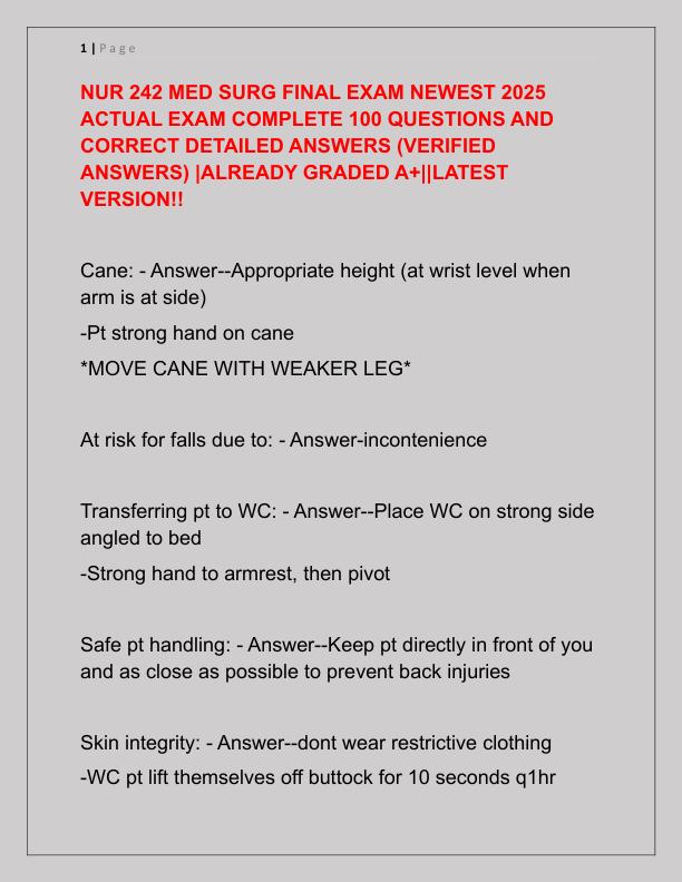 NUR 242 MED SURG FINAL EXAM NEWEST 2025 ACTUAL EXAM COMPLETE 100 QUESTIONS AND CORRECT DETAILED ANSWER1