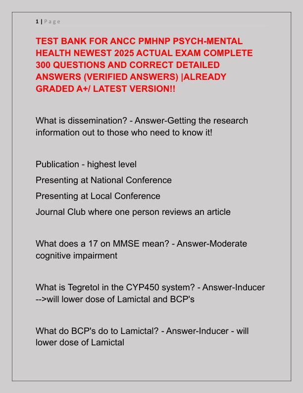 TEST BANK FOR ANCC PMHNP PSYCH