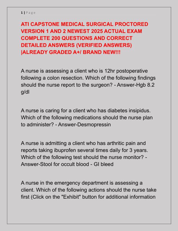 ATI CAPSTONE MEDICAL SURGICAL PROCTORED VERSION 1 AND 2 NEWEST 2025 ACTUAL EXAM COMPLETE 200 QUESTIONS AND CORRECT DETAILED ANSWERS