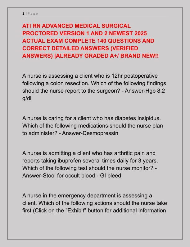 ATI RN ADVANCED MEDICAL SURGICAL PROCTORED VERSION 1 AND 2 NEWEST 2025 ACTUAL EXAM COMPLETE 140 QUESTIONS AND CORRECT DETAILED ANSWERS